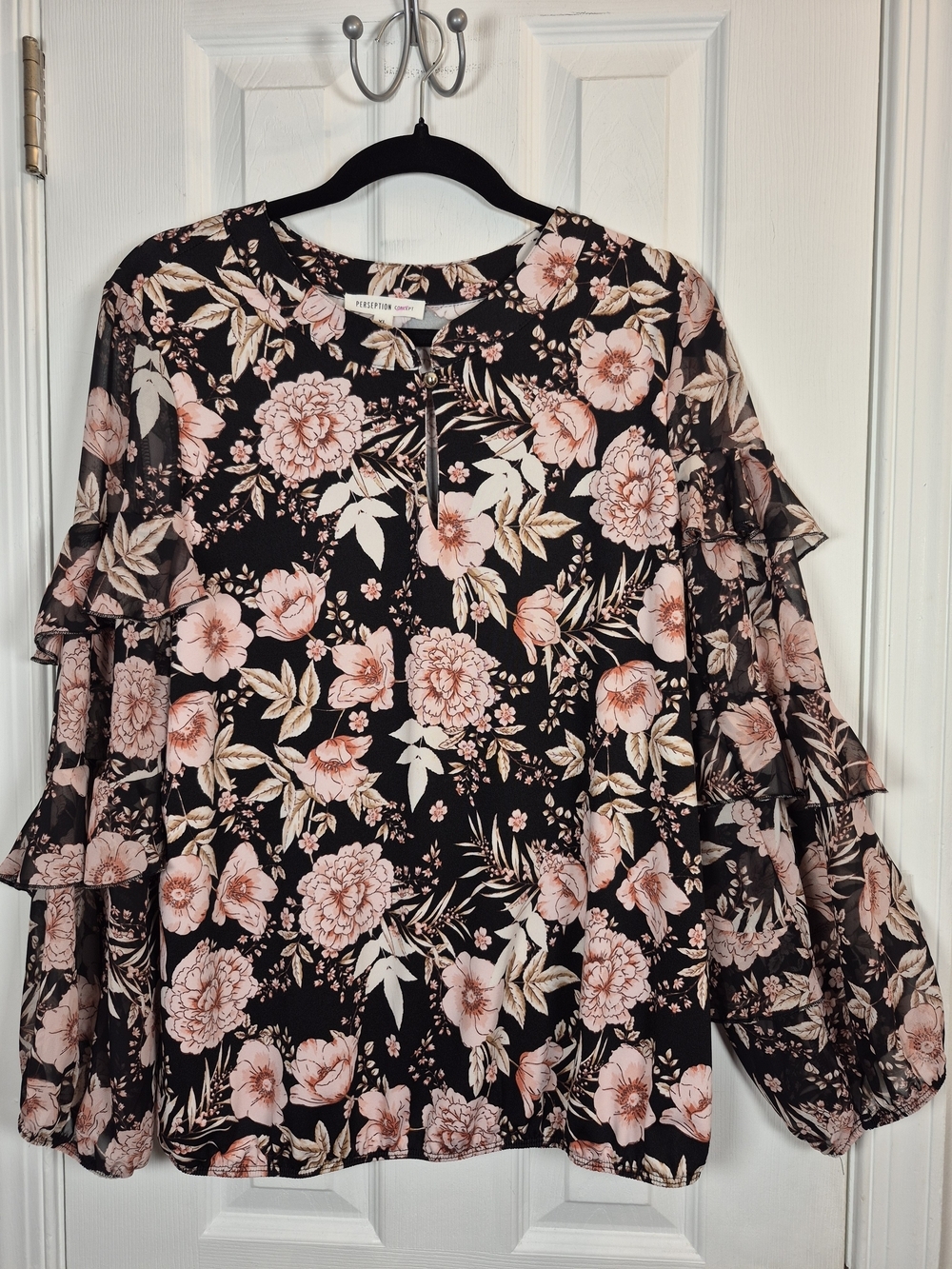 PerSeption Concept XL Black Pink Floral Ruffle Keyhole Blouse Sheer Tiered Top